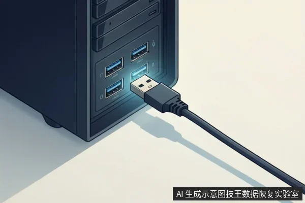 画面显示一台黑色机箱或存储设备的前面板,多个蓝色USB接口中有一个插着黑色USB线缆,接口处有蓝色光效。