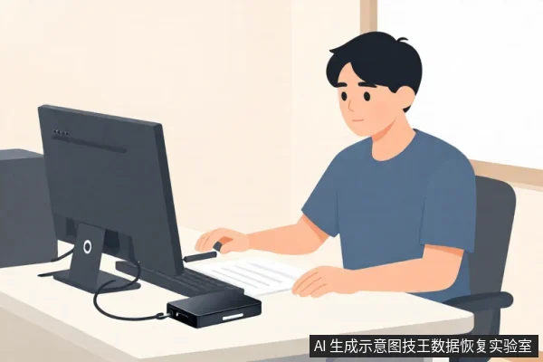 一名亚洲年轻男性坐在白色办公桌前，面对黑色显示器操作键盘，桌面上放着一份文件和一个带USB线连接的黑色外置硬盘盒。
