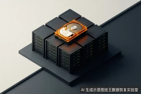 黑色平台上排列着多块黑色硬盘,中央放置一块打开的机械硬盘,露出盘片与磁头组件。