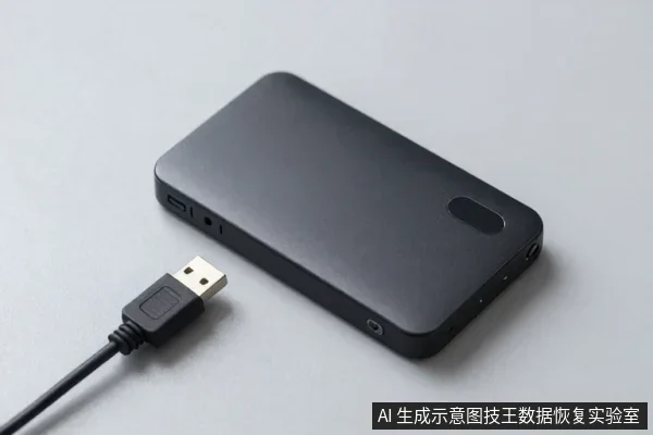 灰色桌面上放着一块黑色长方形外置硬盘，旁边一根黑色USB数据线，USB插头朝向硬盘接口但未连接。