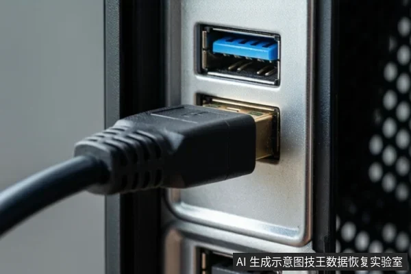 机箱背面金属面板上,一个黑色USB-A插头插入下方接口,上方可见一个蓝色舌片的USB 3.0接口,周围为机箱外壳与散热孔。