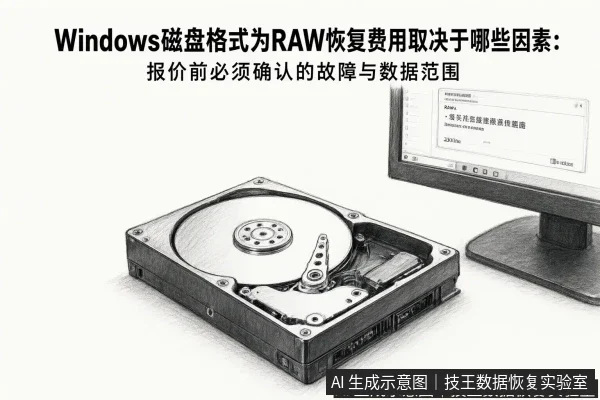 文章内容场景示意图:Windows磁盘格式为RAW恢复费用取决于哪些因素:报价前必须确认的故障与数据范围