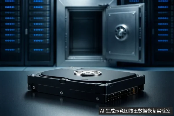 画面前景为一只平放的黑色机械硬盘，可见金属盘体、中心主轴盖及侧面接口；背景为虚化的服务器机柜与一扇打开的金属保险柜门，整体呈冷色调机房环境。