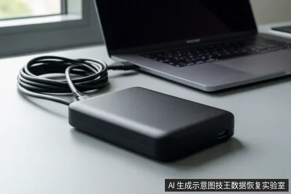 桌面上有一台打开的笔记本电脑,旁边放着一个黑色矩形外接存储设备,一根黑色数据线连接两者。