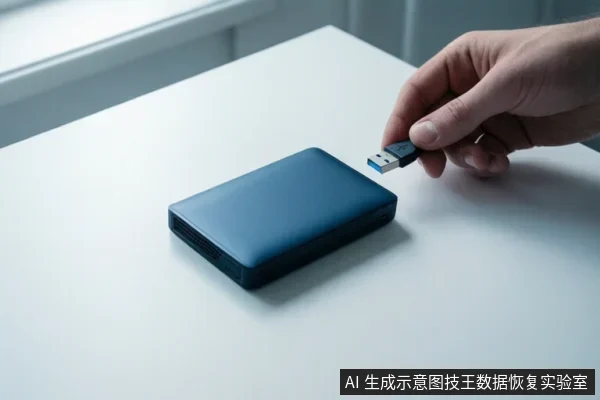一只手拿着USB插头,准备插入桌面上的移动硬盘。