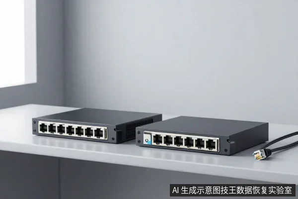 两台黑色金属外壳的网络交换机并排放在白色桌面上，前面板可见多个RJ45网口，右侧有一根黑色网线。