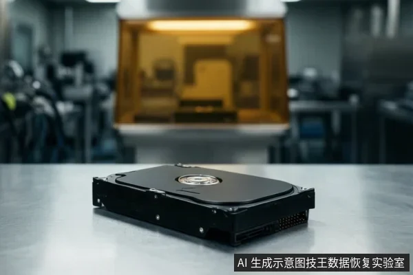 一块黑色机械硬盘平放在金属桌面上，背景为模糊的实验室设备。