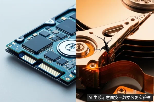 左侧为SSD电路板,可见主控芯片、NAND颗粒和接口;右侧为机械硬盘内部,磁头臂上有明显裂纹,盘片可见。