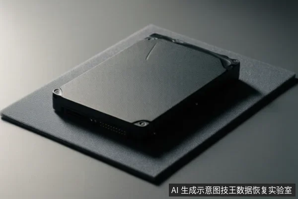一块黑色硬盘平放在深色方形垫板上，侧面可见接口，背景为灰色桌面。