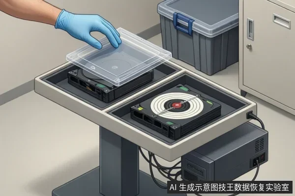 戴蓝色手套的手正掀开透明硬盘盒盖,旁边托盘内放着一块裸露机械硬盘,下方连接外置设备。