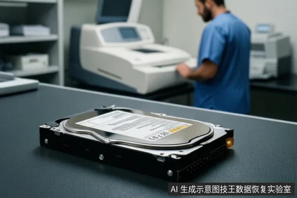 前景桌面上平放一块机械硬盘,背景为模糊的实验室环境,一名穿蓝色工作服的人员正在操作一台白色仪器。